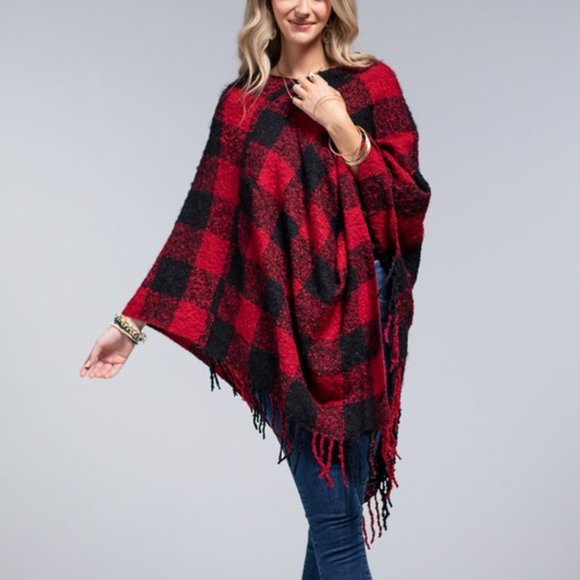NWT Buffalo Checked Plaid Poncho with Fringe - Picture 1 of 4